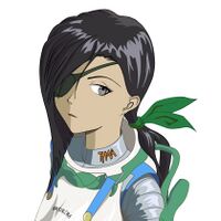 Saki 3, wearing part of her spacesuit. The closed spinnerette of a Weaver can be seen behind her left shoulder; the twisted tails of both her suit's Weavers are braided across the front of her collar.